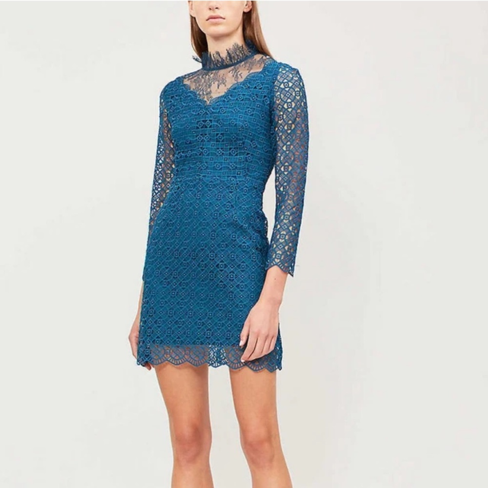 SANDRO BARTSIE TEAL LACE SHEER LONG SLEEVE MIDI DRESS - Picture 13 of 17